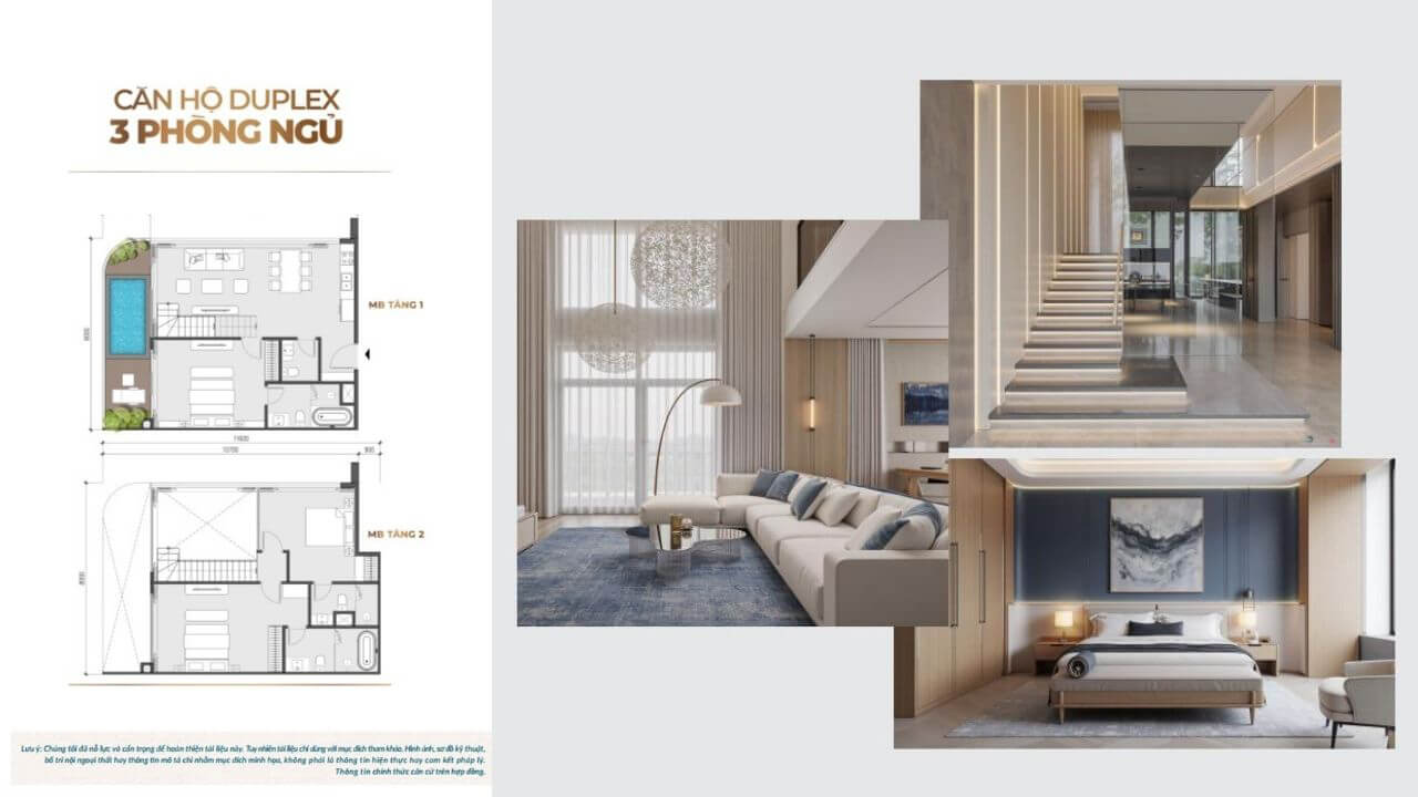 Layout, Nội Thất & Giá Bán Căn Hộ 3 Phòng Ngủ Sunshine Vũng Tàu 6 Phối cảnh thiết kế nội thất thông tầng và bản vẽ layout căn hộ 3 phòng ngủ Duplex có hồ bơi riêng