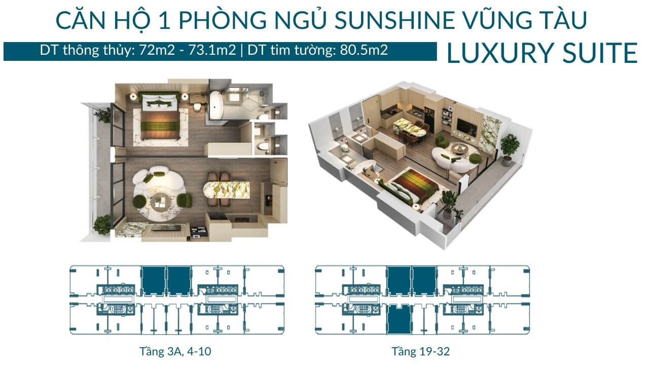 Bản vẽ mặt bằng layout 3D căn hộ 1 phòng ngủ Luxury Suite diện tích 80.5m2 Sunshine Vũng Tàu