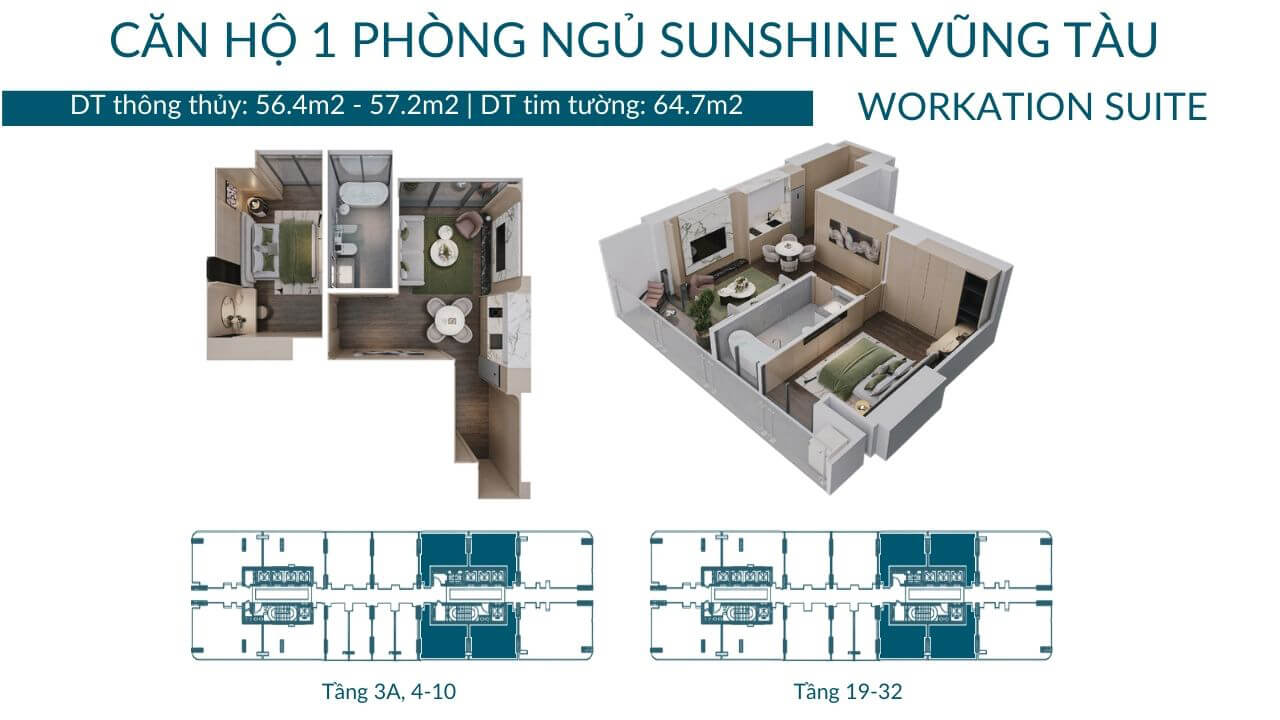 Bản vẽ mặt bằng layout 3D căn hộ 1 phòng ngủ Workation Suite diện tích 64.7m2 Sunshine Vũng Tàu