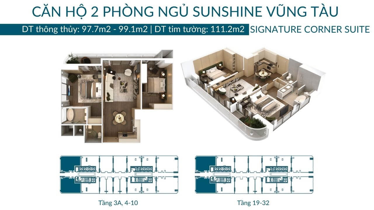 Giá Bán Từ Chủ Đầu Tư Căn Hộ 2 Phòng Ngủ Sunshine Vũng Tàu vs Layout Thiết Kế 4 Chi tiết bản vẽ layout bóc mái và phối cảnh 3D căn hộ góc Signature Corner Suite diện tích 111.2m2