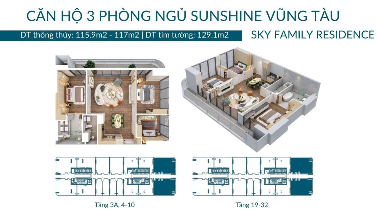 Layout, Nội Thất & Giá Bán Căn Hộ 3 Phòng Ngủ Sunshine Vũng Tàu 3 Chi tiết bản vẽ layout bóc mái và phối cảnh mặt bằng căn hộ 3 phòng ngủ Sky Family Residence Sunshine Vũng Tàu